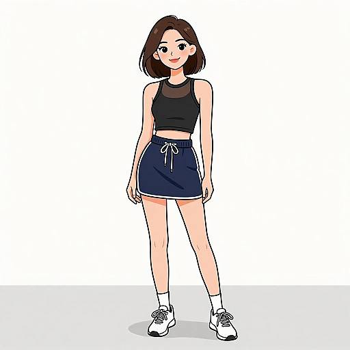Digital anime-style drawing of a young woman with short brown hair, wearing a black crop top, navy skirt with white trim, white socks, and white