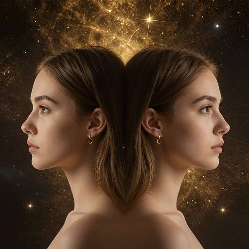 Photograph of a young woman with fair skin and brown hair, shown in back-to-back profile against a cosmic background of stars and galaxies. She wears