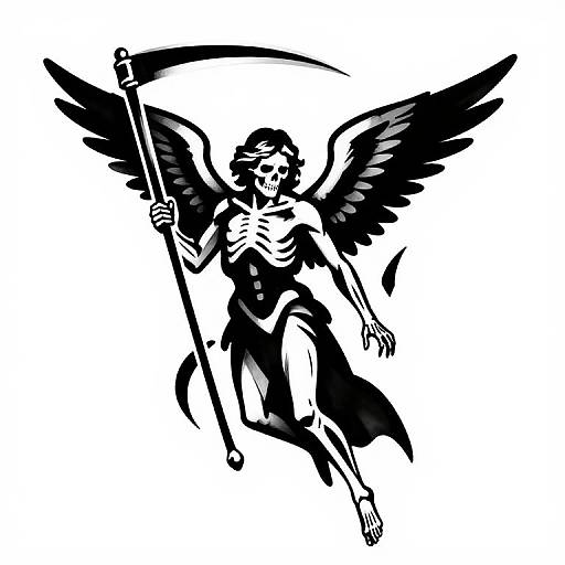 Black and white digital drawing of a winged angel with a skeletal figure, holding a scythe, in a dynamic pose.