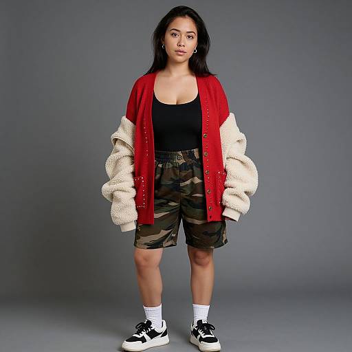 Photograph of an Asian woman with long black hair, wearing a red jacket, white fluffy sleeves, black tank top, camo shorts, white socks