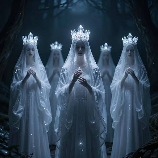 Photograph-like digital art of four ethereal, glowing, white-robed women with translucent veils and illuminated crowns, standing in a dark,