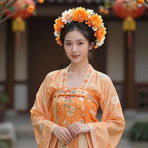 Asian Woman in Orange Blossom Costume