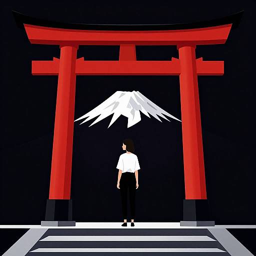 Digital art: Person in white shirt and black pants stands before large red Torii gate, with white Mount Fuji silhouette behind. Black background.