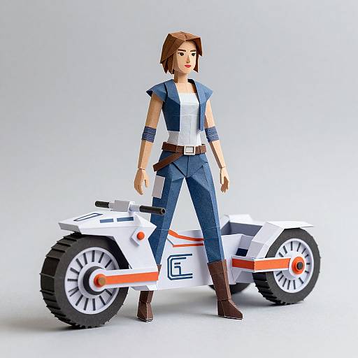 Digital LEGO-style figure of a brown-haired woman in blue vest, white shirt, and pants, standing beside a white and red motorbike.