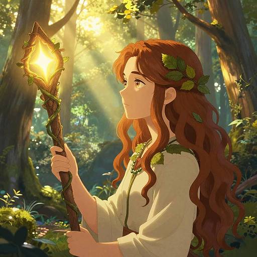 Anime-style digital drawing of a red-haired girl with leafy crown, holding a glowing torch in a sunlit forest.