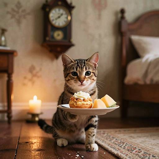Tabby Kitten Holding Plate with Dessert in Candlelit Bedroom