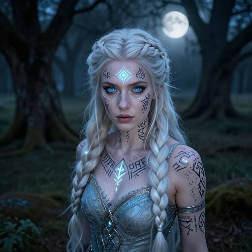 Digital art of a blonde woman with braided hair, glowing blue eyes, and intricate black tattoos, standing in a dark, moonlit forest.