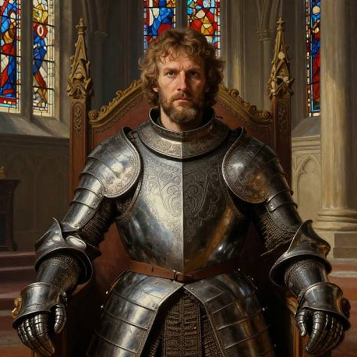 Medieval portrait of a bearded, curly-haired man in ornate silver armor, seated on a wooden throne, in a gothic church with vibrant