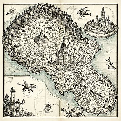 Detailed black-and-white illustration of a fantasy island with intricate castle architecture, lush forests, winding paths, and flying creatures.