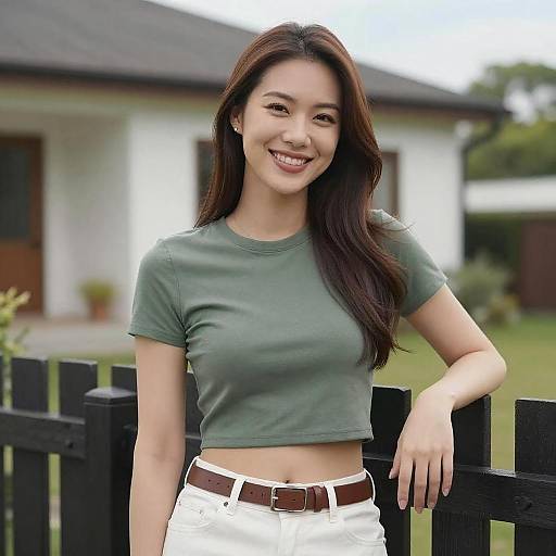 Smiling Asian Woman by Fence