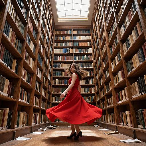 Photograph of a woman in a flowing red dress and black heels, dancing in a vast, wooden library with towering bookshelves and scattered papers on