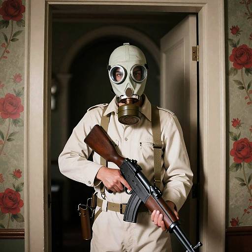 Mysterious Man in Gas Mask and Rifle