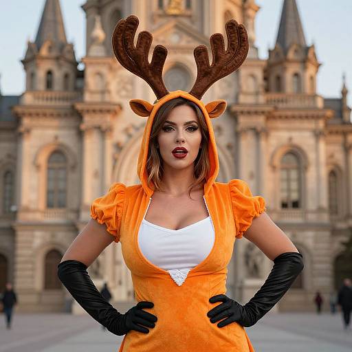 Confident Woman in Festive Reindeer Costume