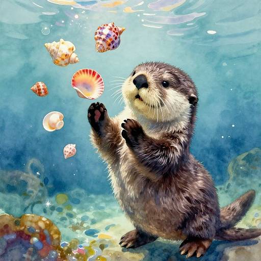 Impressionistic Sea Otter Juggling Seashells