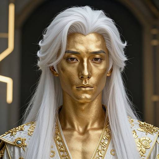 Photorealistic digital portrait of a golden-skinned male with long white hair, wearing a detailed gold and white ornate robe, set against a dark