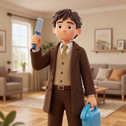 3D cartoon man in brown suit, yellow tie, holding blue comb and briefcase, standing in bright living room with furniture.