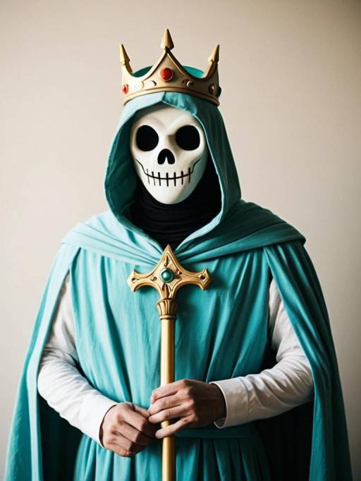 Man in The Lich cosplay costume with crown and staff