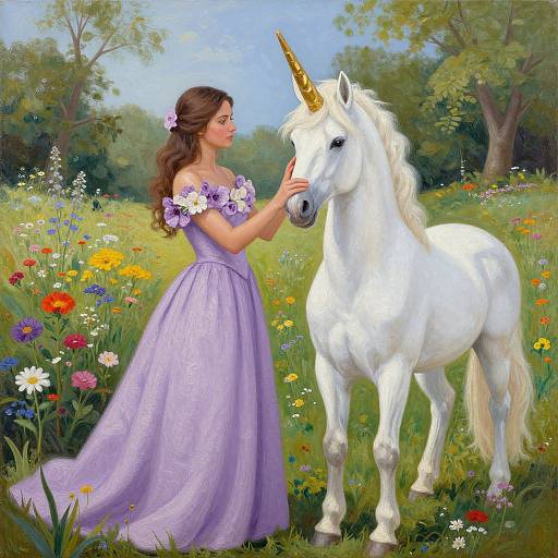 Digital painting of a brunette woman in a lavender off-shoulder dress, gently touching a white unicorn's face in a colorful meadow.