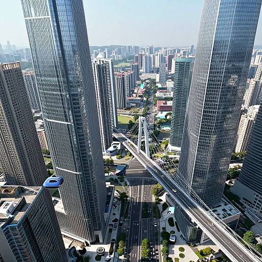 Aerial photograph of a modern cityscape with towering glass skyscrapers, narrow streets, green patches, and distant high-rise buildings under a clear blue