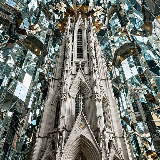Photograph of a Gothic cathedral with intricate spires, surrounded by a modern, mirrored glass facade, creating a striking contrast.