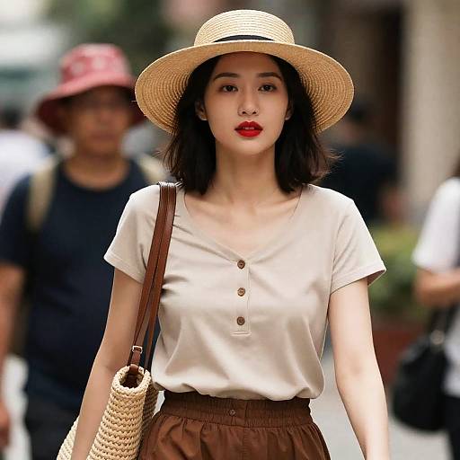 Elegant Woman in Straw Hat and Chic Outfit