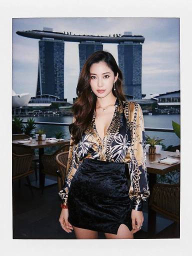 Photograph of an Asian woman with long dark hair, wearing a deep V-neck, gold and black floral blouse, and black skirt, standing in front