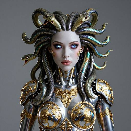 CGI cyberpunk fantasy portrait of a woman with snake-like black and gold hair, glowing blue eyes, and ornate metallic armor.