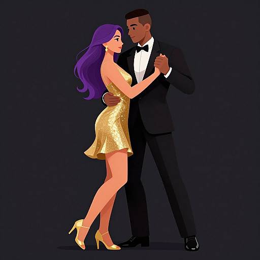 Digital illustration of a dark-skinned man in a black tuxedo dancing with a light-skinned woman in a sparkly gold dress and yellow heels