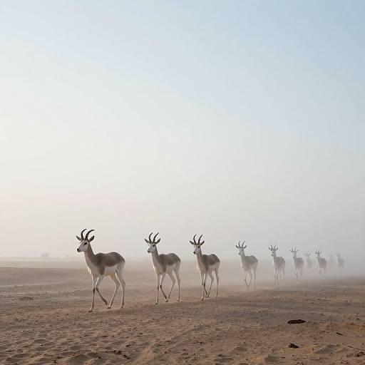 Photograph of a misty desert landscape with a herd of antelopes walking in a line, their silhouettes fading into the foggy horizon