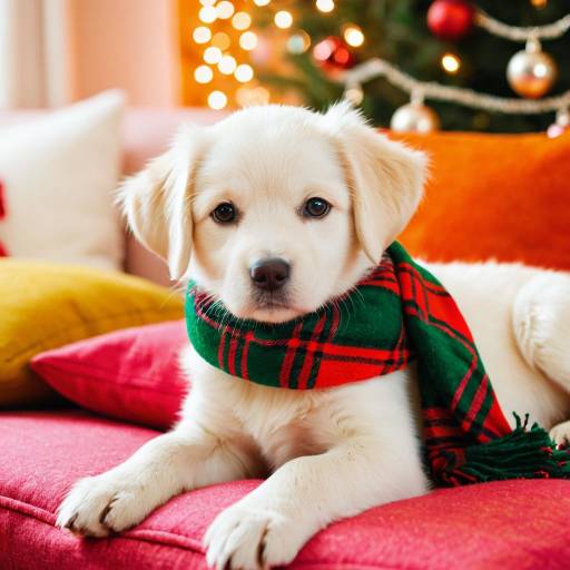 Cream Puppy with Christmas Scarf