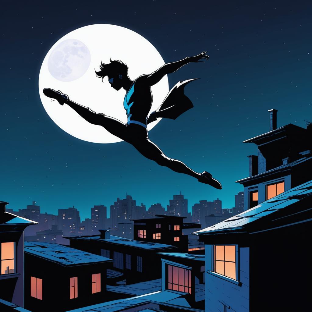 Acrobat Leaping Through Moonlit Rooftops