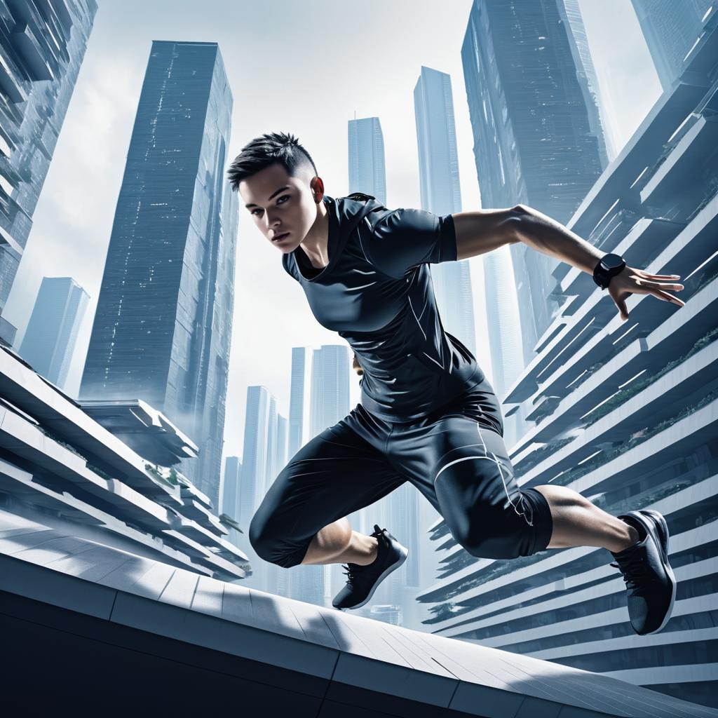 Futuristic Parkour Chase in Urban Landscape