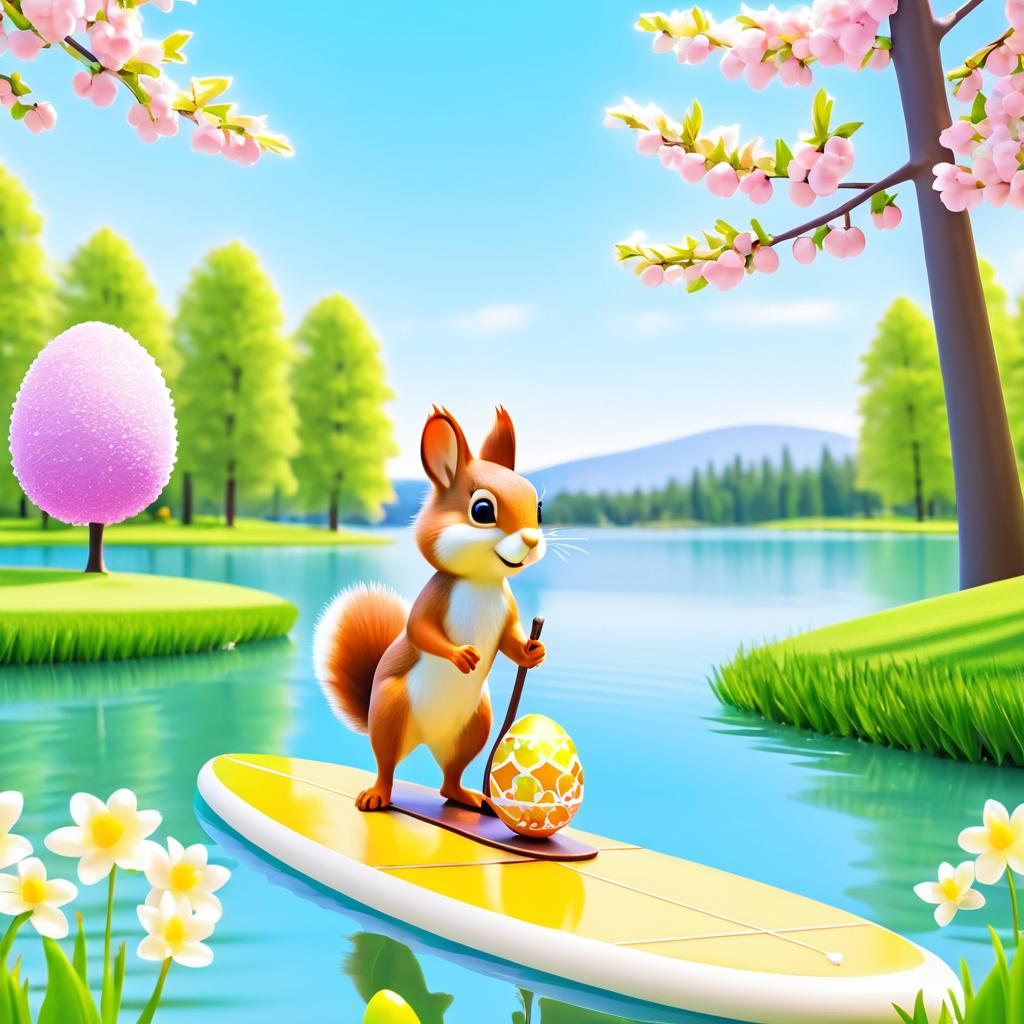 Cartoon Squirrel on Spring Paddle Board