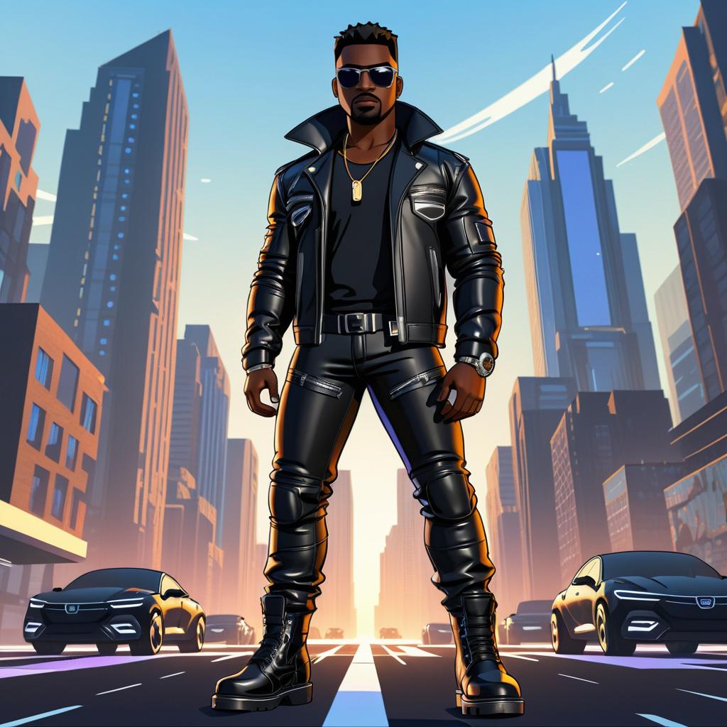 Futuristic Action Star in Leather Jacket