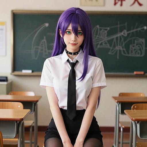Digital anime-style drawing of a purple-haired girl in a white shirt, black tie, and skirt, sitting in a classroom with desks and chalkboard.