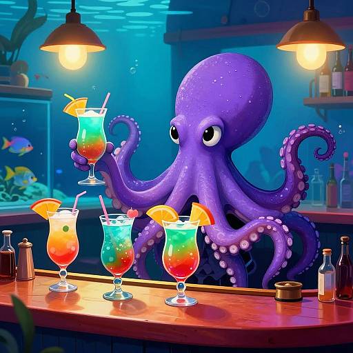 Digital illustration of a cute, purple octopus behind a bar, holding a colorful cocktail, surrounded by three similar drinks with orange slices. Underwater aquarium