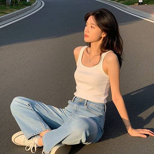 Photograph of an Asian woman with long black hair, wearing a white tank top and blue jeans, sitting on a sunlit, empty road. She