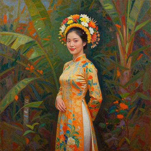 Oil painting of an Asian woman in a vibrant yellow floral cheongsam, wearing a colorful flower crown, standing in a lush tropical jungle.