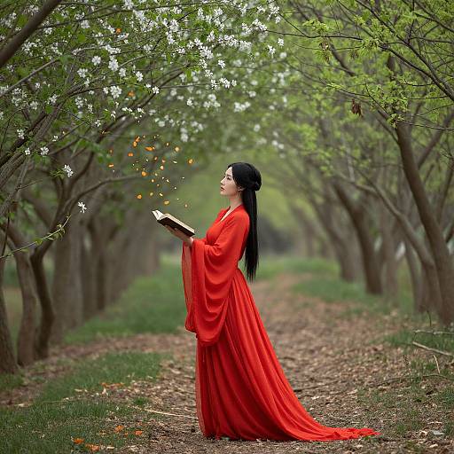Photograph of an Asian woman in a long red kimono, standing in a tree-lined orchard, gently blowing petals from white flowers into the air