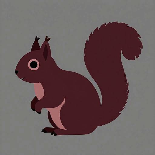 Digital illustration of a stylized, dark purple squirrel with a large, bushy tail, pink belly, and simple, black-eyed expression on a grey