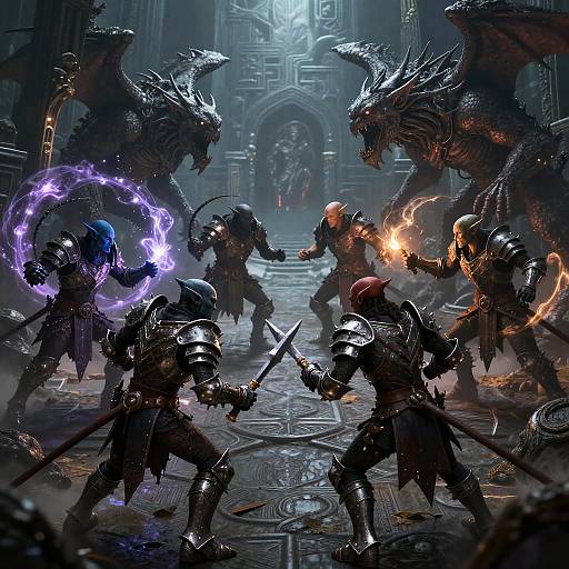 Digital fantasy battle: armored warriors with glowing purple and orange energy wield swords against two dragon-like monsters in a dark, mystical temple.