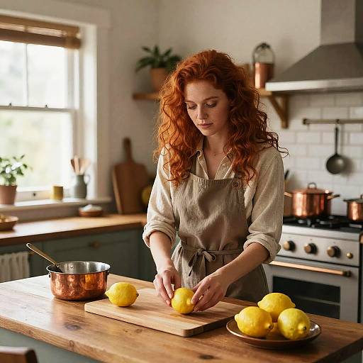 Photograph of a red-haired woman in a beige apron slicing lemons on a wooden kitchen island, surrounded by lemons and copper pots. Sun