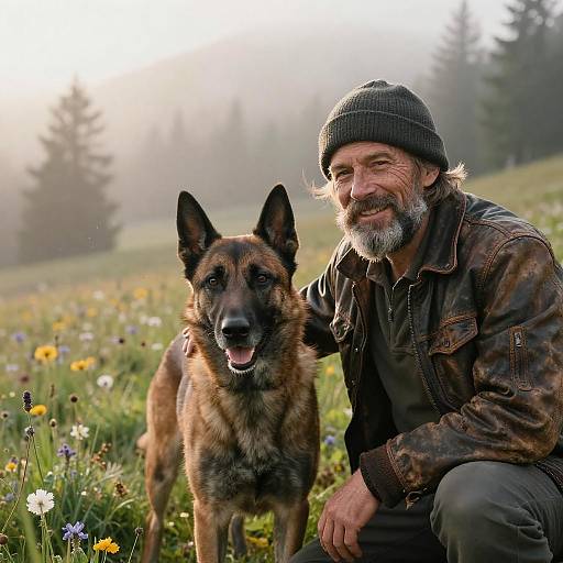 Man with Belgian Malinois in Alpine Meadow