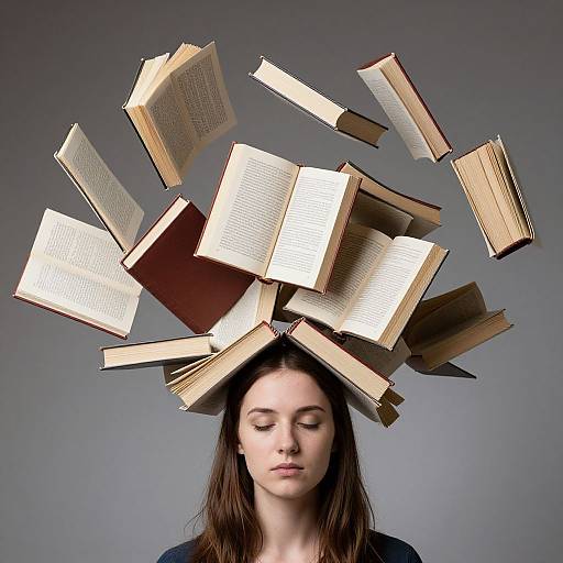 Photograph of a young woman with long brown hair, closed eyes, and neutral expression, with numerous open books floating above her head against a gray background