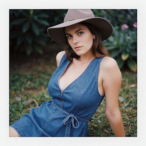 Photograph of a fair-skinned woman with brown hair, wearing a blue sleeveless denim dress and wide-brimmed hat, sitting on grass with