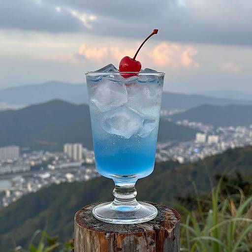 Blue Glass Cup with Cherry and Mountains