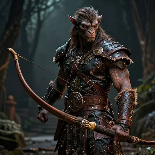 Digital CGI of a muscular, humanoid monkey warrior with dark fur, wearing ornate, metallic armor, holding a wooden bow in a dark, misty