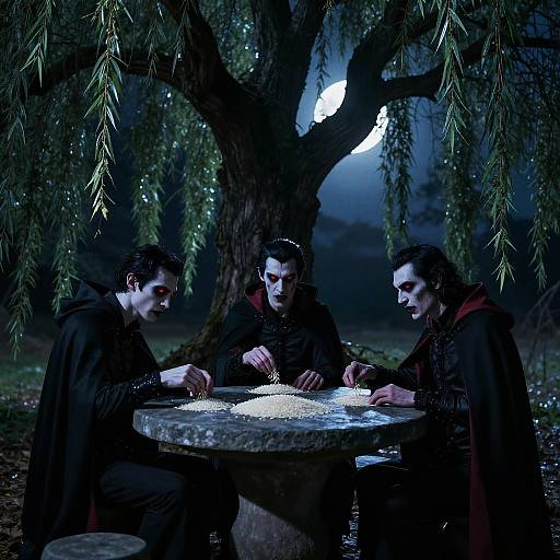 Three pale, dark-haired men in black cloaks gather around a glowing, circular stone table under a moonlit, weeping willow tree. Phot
