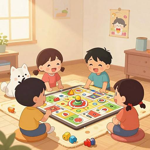 Cozy Cartoon Kids Playing Board Games