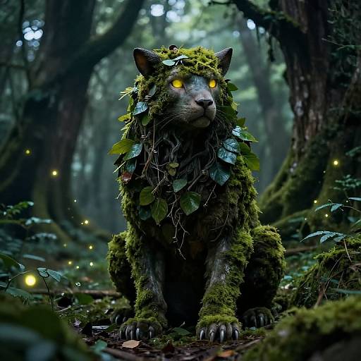 Digital artwork of a mystical, glowing-eyed, moss-covered wolf-like creature sitting in a dim, enchanted forest with floating fireflies.